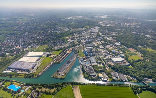 Aerial view, Lindhorster Hafen, coal harbour of the inland port Dortmunder Hafen AG in Dortmund in
