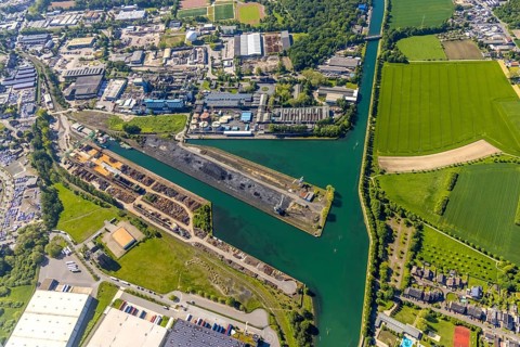 Aerial view, Lindhorster Hafen, coal harbour of the inland port Dortmunder Hafen AG in Dortmund in