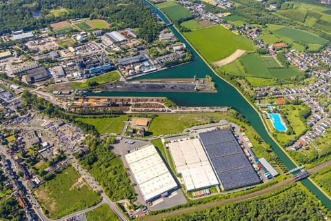 Aerial view, Lindhorster Hafen, coal harbour of the inland port Dortmunder Hafen AG in Dortmund in