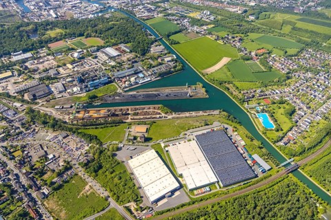 Aerial view, Lindhorster Hafen, coal harbour of the inland port Dortmunder Hafen AG in Dortmund in