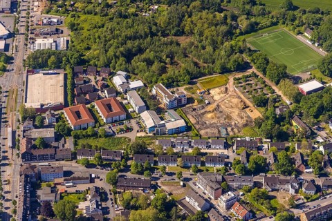 Aerial view, construction site and new building at Winterkampstraße, sports ground TUS