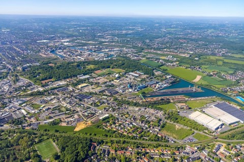 Aerial view, Lindhorster Hafen, coal harbour of the inland port Dortmunder Hafen AG in Dortmund in
