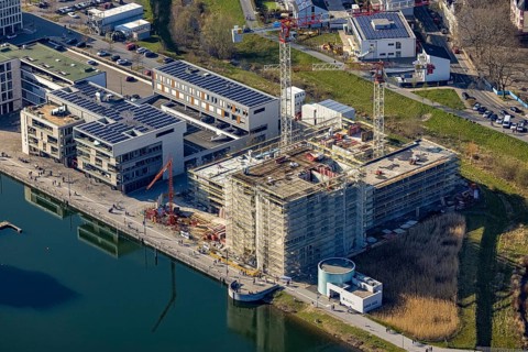Aerial view, Phoenix-See, construction site for a new retirement home, high-rise building H12,