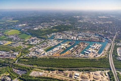 Aerial view, coal harbour of the inland port Dortmunder Hafen AG in Dortmund in the federal state
