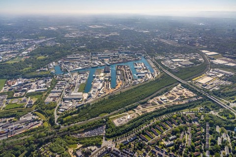 Aerial view, coal harbour of the inland port Dortmunder Hafen AG in Dortmund in the federal state