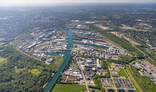 Aerial view, coal harbour of the inland port Dortmunder Hafen AG in Dortmund in the federal state