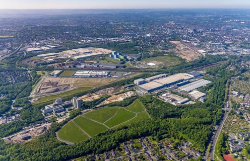 Aerial view, Kaufland logistics, former Westfalenhütte site, construction site and new REWE