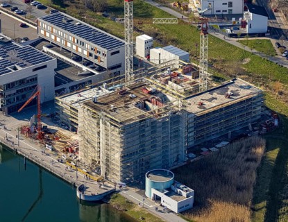 Aerial view, Phoenix-See, construction site for a new retirement home, high-rise building H12,