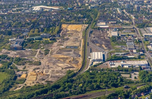 Aerial view, construction site former Westfalenhütte, Eving, Dortmund, Ruhr area, North