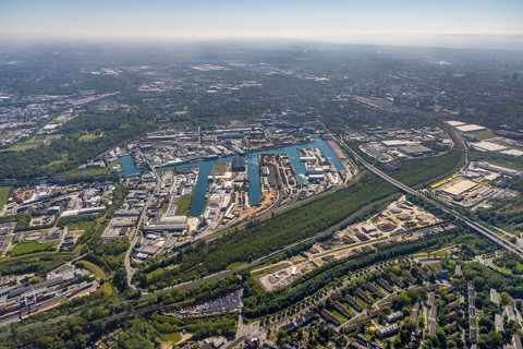 Aerial view, coal harbour of the inland port Dortmunder Hafen AG in Dortmund in the federal state