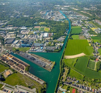 Aerial view, Lindhorster Hafen, coal harbour of the inland port Dortmunder Hafen AG in Dortmund in