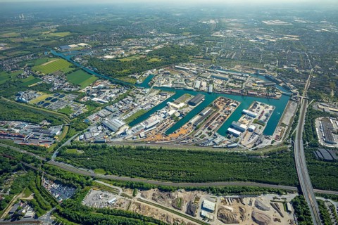 Aerial view, coal harbour of the inland port Dortmunder Hafen AG in Dortmund in the federal state
