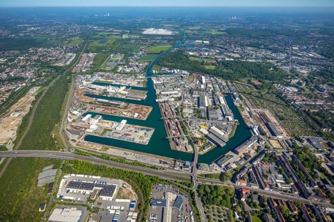 Aerial view, coal harbour of the inland port Dortmunder Hafen AG in Dortmund in the federal state