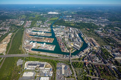 Aerial view, coal harbour of the inland port Dortmunder Hafen AG in Dortmund in the federal state