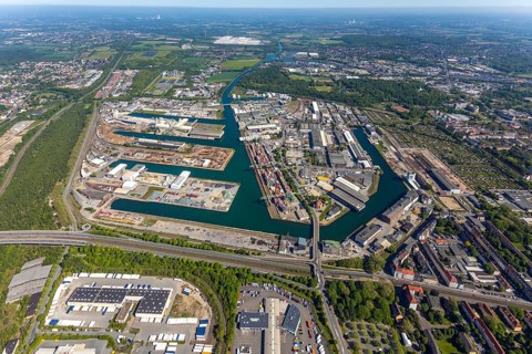 Aerial view, coal harbour of the inland port Dortmunder Hafen AG in Dortmund in the federal state