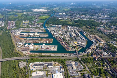 Aerial view, coal harbour of the inland port Dortmunder Hafen AG in Dortmund in the federal state