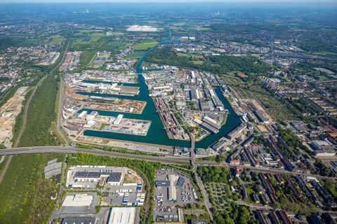 Aerial view, coal harbour of the inland port Dortmunder Hafen AG in Dortmund in the federal state