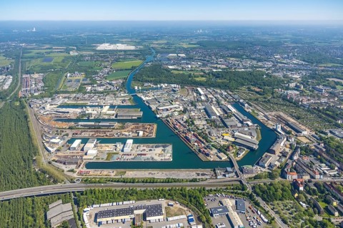 Aerial view, coal harbour of the inland port Dortmunder Hafen AG in Dortmund in the federal state