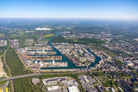 Aerial view, coal harbour of the inland port Dortmunder Hafen AG in Dortmund in the federal state