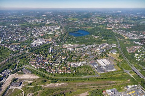 Aerial view, commercial area Höfkerstraße and Arminiusstraße, Revierpark Wischlingen and Hallerey