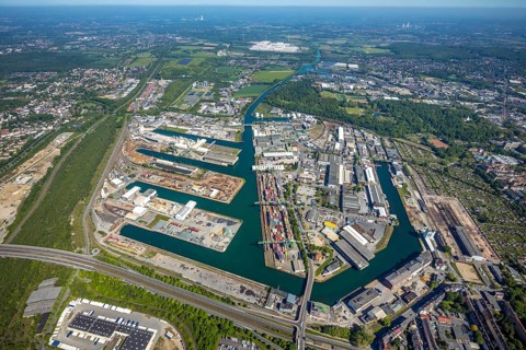Aerial view, coal harbour of the inland port Dortmunder Hafen AG in Dortmund in the federal state