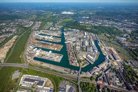 Aerial view, coal harbour of the inland port Dortmunder Hafen AG in Dortmund in the federal state