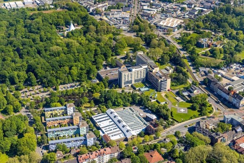 Aerial view, Klinikum Nord Dortmund, DEPOT cultural centre, harbour, Dortmund, Ruhr area, North
