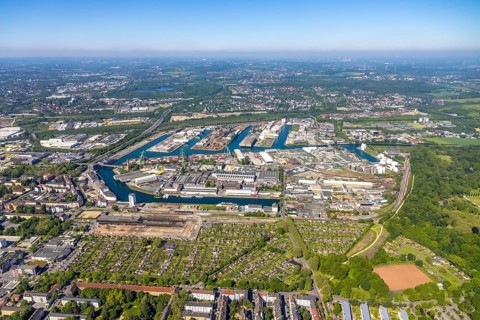 Aerial view, coal harbour of the inland port Dortmunder Hafen AG in Dortmund in the federal state