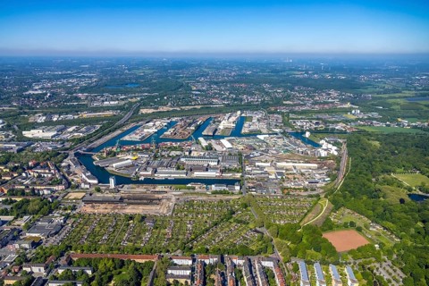 Aerial view, coal harbour of the inland port Dortmunder Hafen AG in Dortmund in the federal state