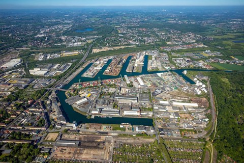 Aerial view, coal harbour of the inland port Dortmunder Hafen AG in Dortmund in the federal state