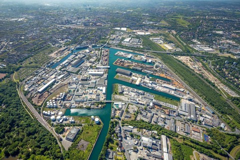 Aerial view, coal harbour of the inland port Dortmunder Hafen AG in Dortmund in the federal state