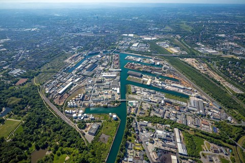 Aerial view, coal harbour of the inland port Dortmunder Hafen AG in Dortmund in the federal state