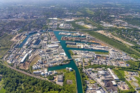 Aerial view, coal harbour of the inland port Dortmunder Hafen AG in Dortmund in the federal state