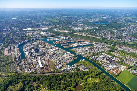 Aerial view, coal harbour of the inland port Dortmunder Hafen AG in Dortmund in the federal state
