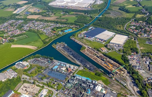 Aerial view, coal harbour of the inland port Dortmunder Hafen AG in Dortmund in the federal state