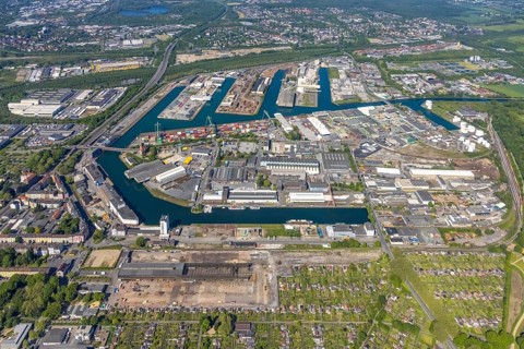 Aerial view, coal harbour of the inland port Dortmunder Hafen AG in Dortmund in the federal state