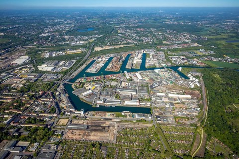 Aerial view, coal harbour of the inland port Dortmunder Hafen AG in Dortmund in the federal state