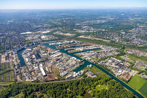 Aerial view, coal harbour of the inland port Dortmunder Hafen AG in Dortmund in the federal state