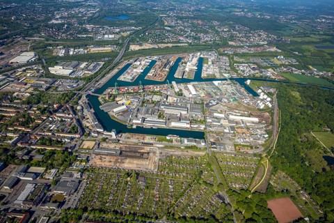 Aerial view, coal harbour of the inland port Dortmunder Hafen AG in Dortmund in the federal state