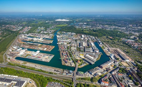 Aerial view, coal harbour of the inland port Dortmunder Hafen AG in Dortmund in the federal state