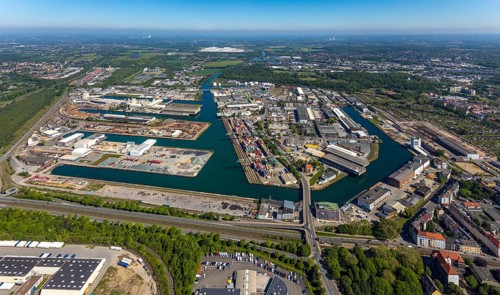 Aerial view, coal harbour of the inland port Dortmunder Hafen AG in Dortmund in the federal state