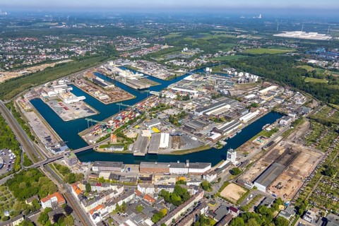 Aerial view, coal harbour of the inland port Dortmunder Hafen AG in Dortmund in the federal state