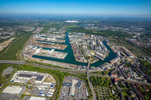 Aerial view, coal harbour of the inland port Dortmunder Hafen AG in Dortmund in the federal state