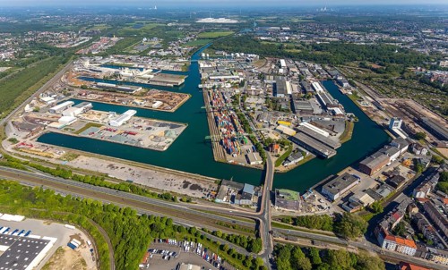 Aerial view, coal harbour of the inland port Dortmunder Hafen AG in Dortmund in the federal state