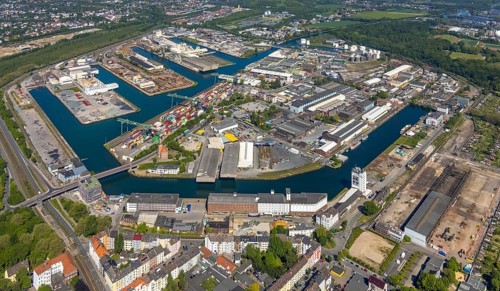 Aerial view, coal harbour of the inland port Dortmunder Hafen AG in Dortmund in the federal state