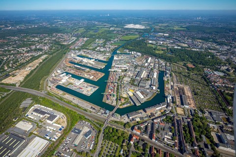 Aerial view, coal harbour of the inland port Dortmunder Hafen AG in Dortmund in the federal state