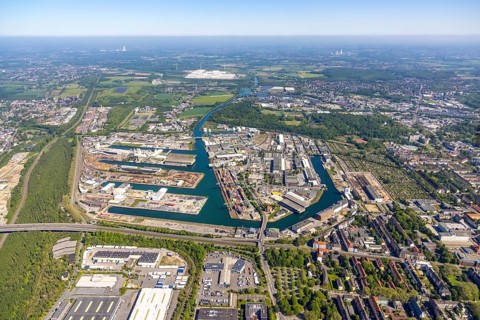 Aerial view, coal harbour of the inland port Dortmunder Hafen AG in Dortmund in the federal state
