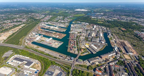 Aerial view, coal harbour of the inland port Dortmunder Hafen AG in Dortmund in the federal state