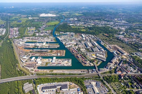 Aerial view, coal harbour of the inland port Dortmunder Hafen AG in Dortmund in the federal state