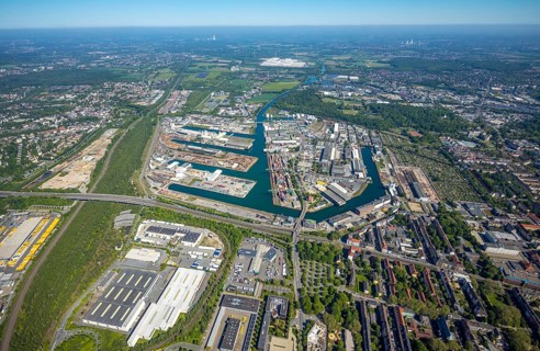Aerial view, coal harbour of the inland port Dortmunder Hafen AG in Dortmund in the federal state